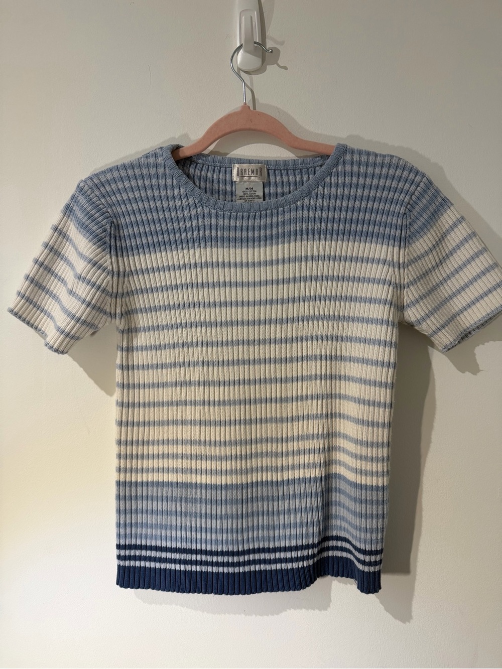 BARENA Blue and Cream Striped Rib Knit Short Sleeve Top %100 Cotton - Picture 2 of 4